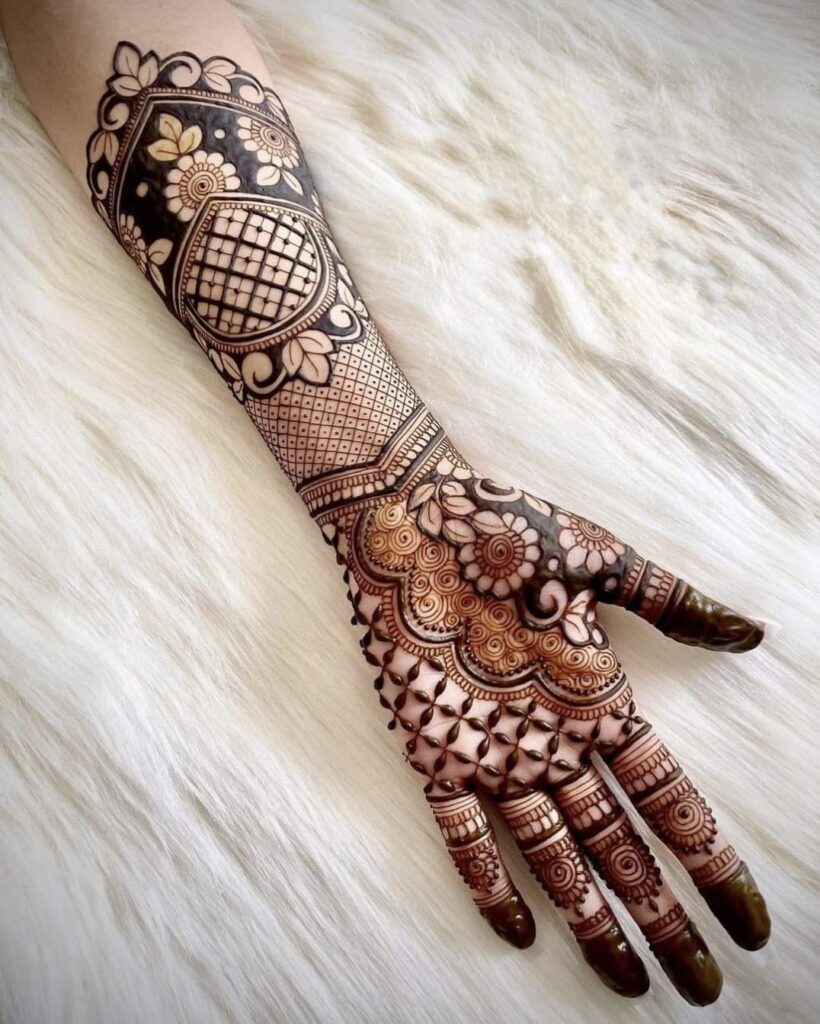 A Girls is Showing Their Hands Indo Arabic Mehndi Design by Henna House- Indo Arabic Mehndi Artist in Jaipur.