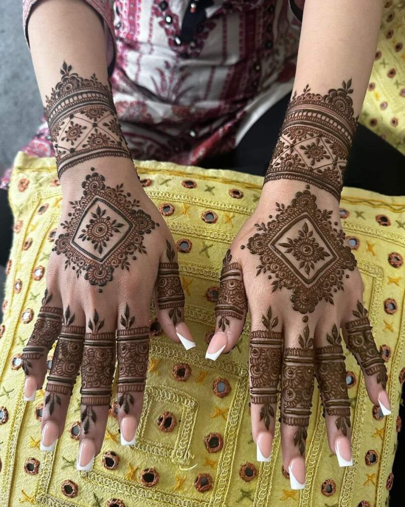A Girls is Showing Their Hands Western Style Mehndi Design by Henna House- Western Style Mehndi Artist in Jaipur.